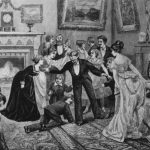 An old black and white drawing of a family in a living room, surrounded by 9 Parlour games played by the Victorians