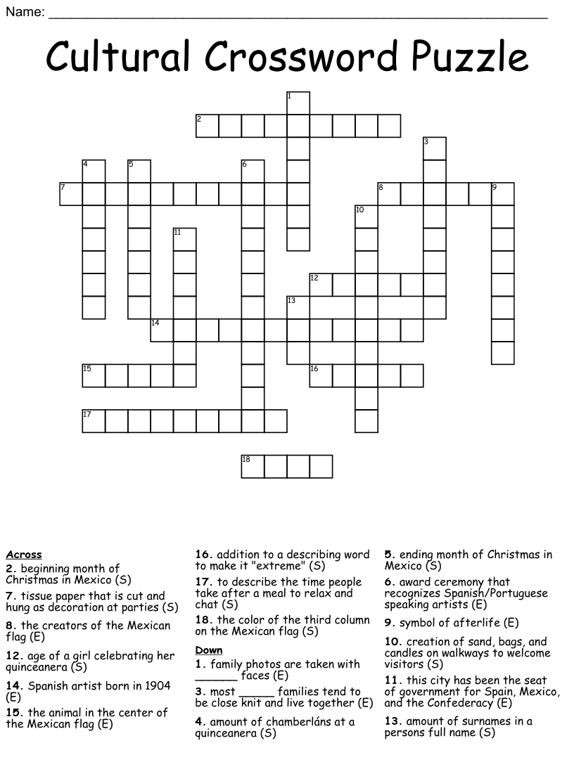 A colorful crossword puzzle with various cultural symbols and references