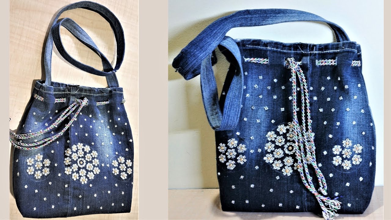 Denim bag with bead and flower pattern
