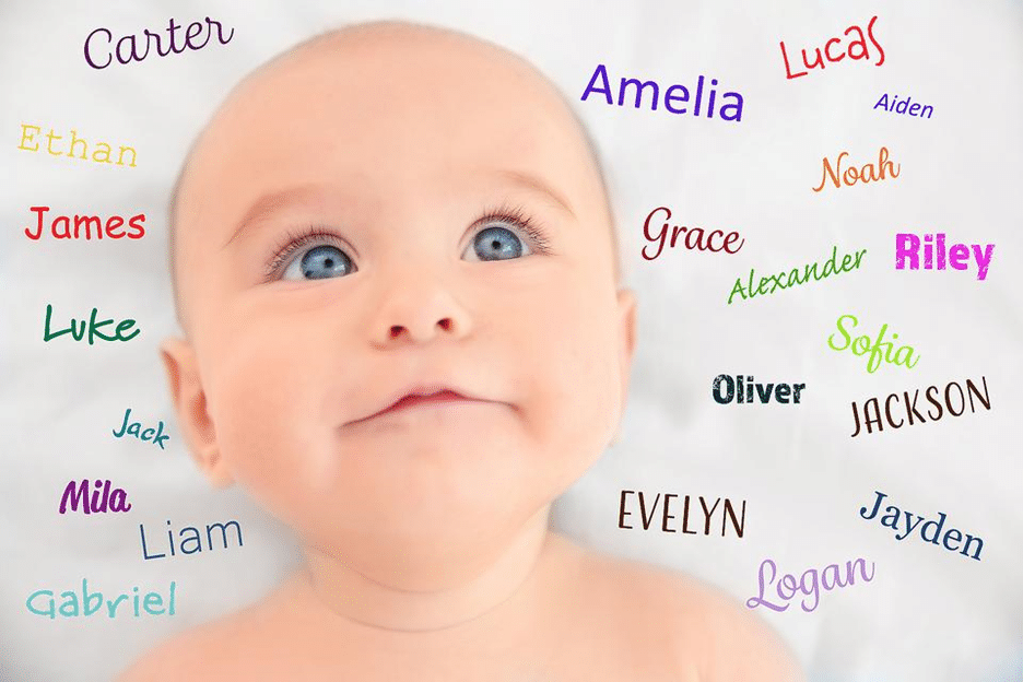 A baby with multiple names above his head