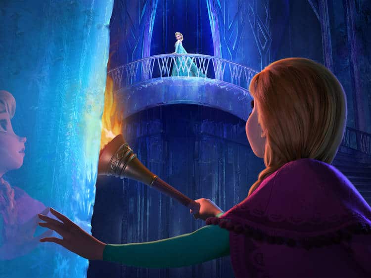 Elsa sitting on the Frozen Throne in Frozen 2, a scene from the movie series Frozen- Part 1 and Part 2