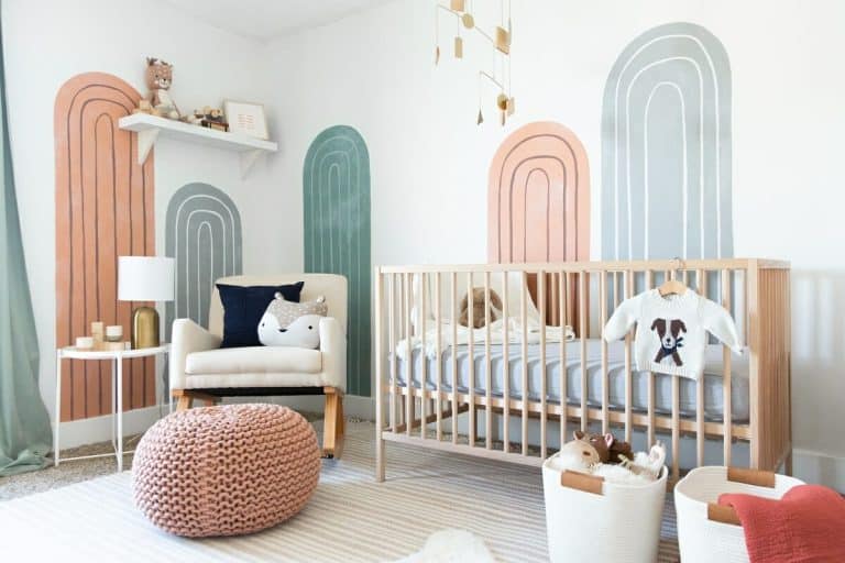 A vibrant baby's room with a colorful crib