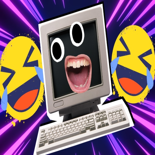A computer with a smiling face, adding a touch of humor to your presentation or tech seminar.