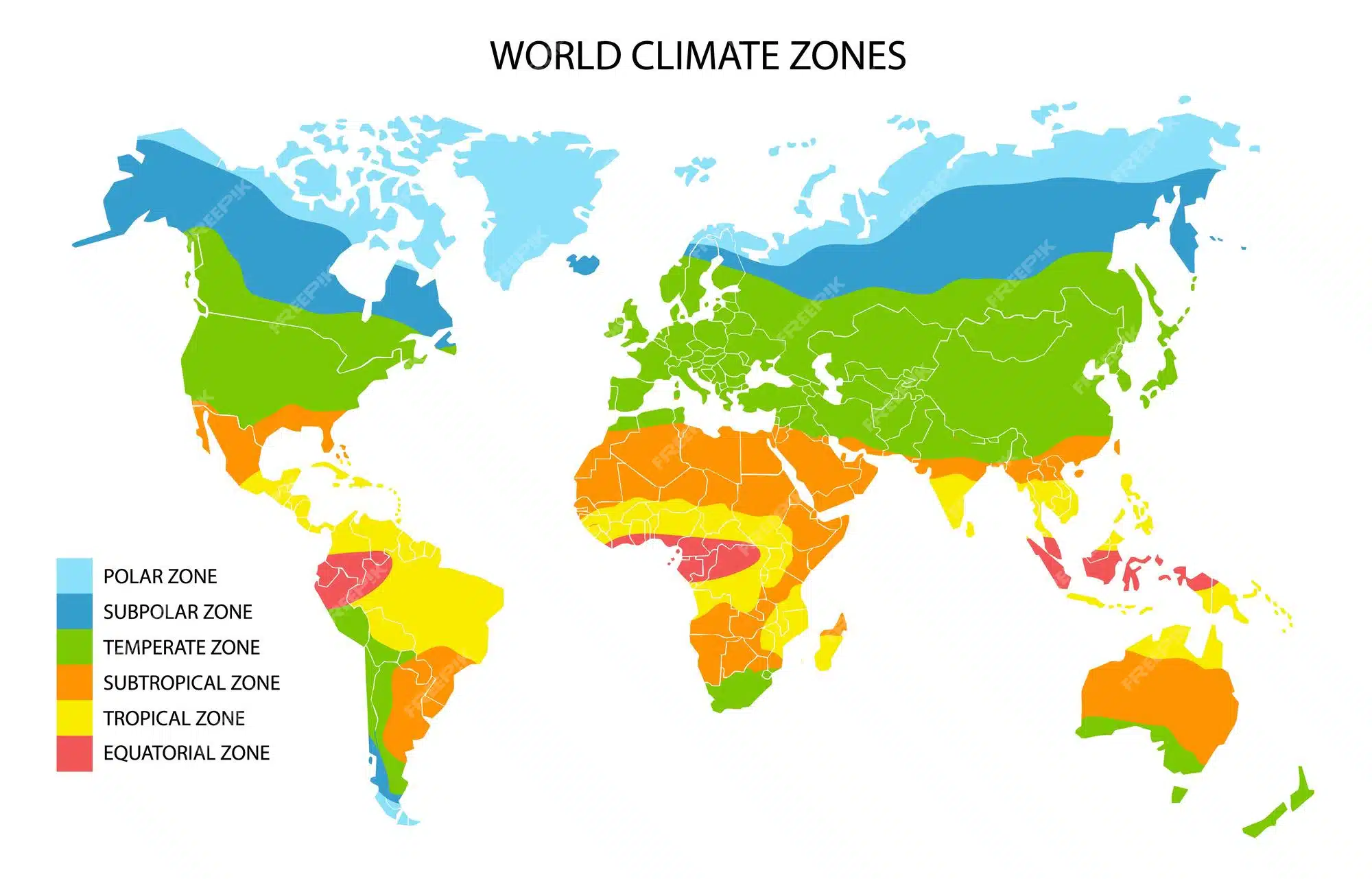 Map displaying world climate zones, color-coded to identify different regions