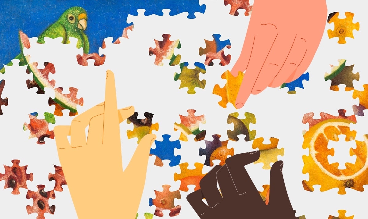 A puzzle piece with a hand reaching for a piece of fruit at Puzzle Party