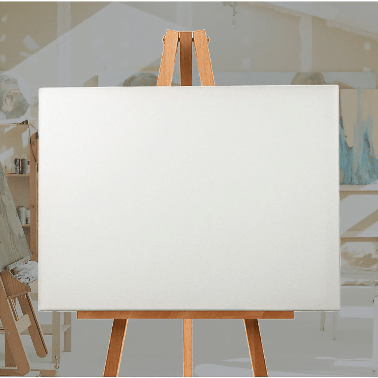 A white easel with a blank canvas, ready for artistic creation. Set up a canvas board for your artistic endeavors