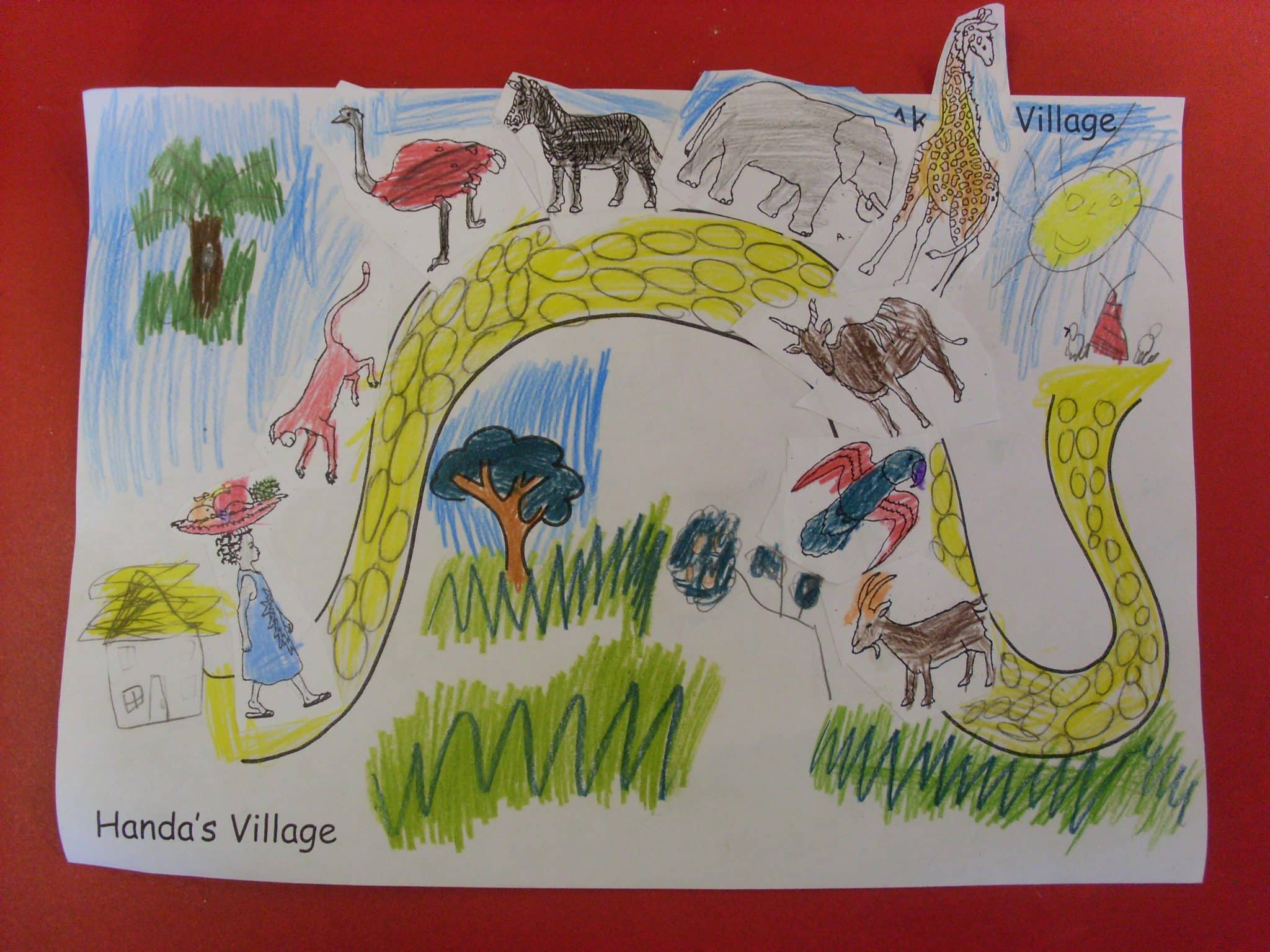 A child's drawing depicts a village bustling with animals and people, showcasing the art of storytelling through maps