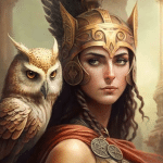A woman wearing a helmet with an owl, symbolizing wisdom and protection. Origins of popular mystical names explored
