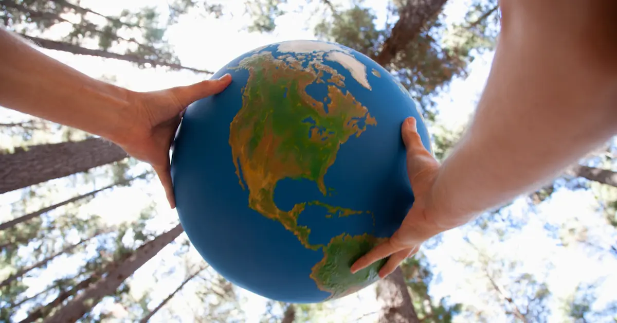 a globe in front of a forest, emphasizing the importance of teaching kids about climate zones
