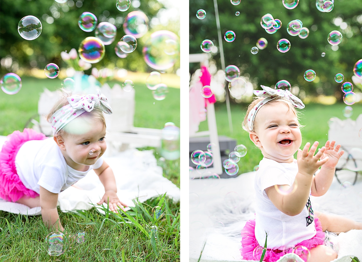 A baby girl giggles with delight as she reaches out to pop bubbles floating in the air