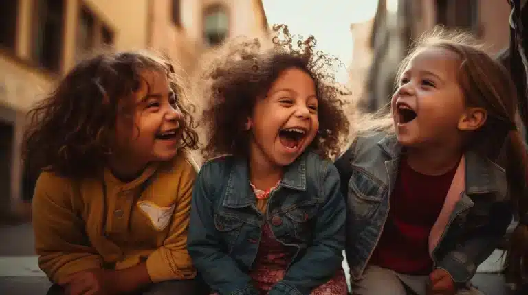 Three joyful children smiling in front of a building. They seem to be having a great time