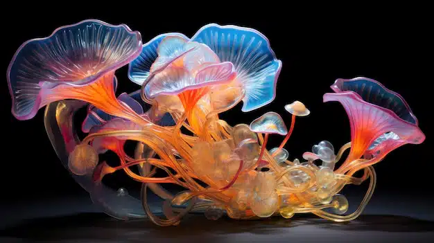 A glass sculpture of flowers against a black background, showcasing the beauty of Bio-Art and Living Sculptures