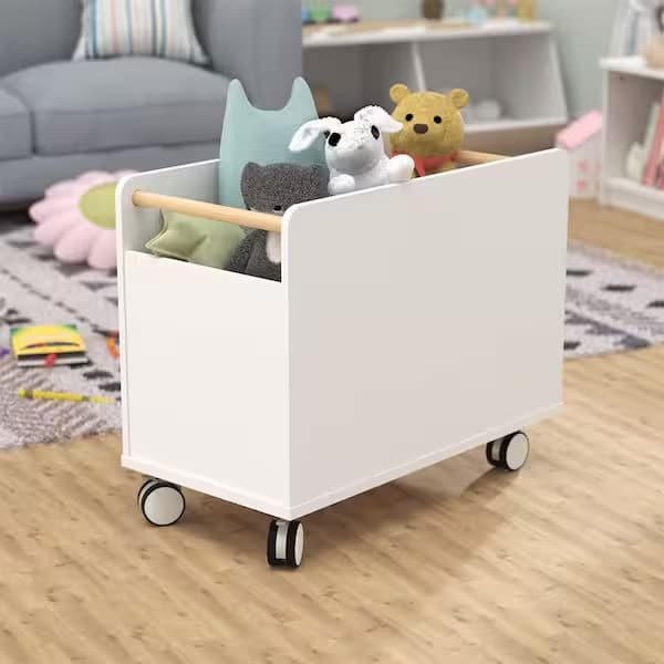 A mobile toy storage cart filled with stuffed animals, providing convenient and easy movement for toy organization