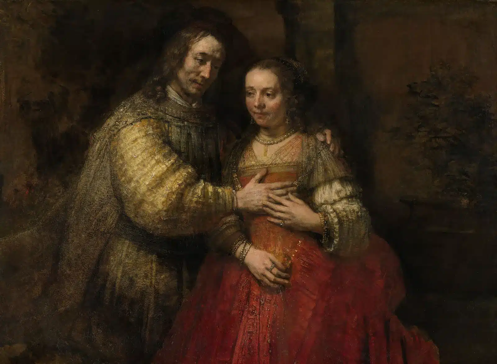 A red painting depicting a man and woman; showcasing the pros and cons of oil paints