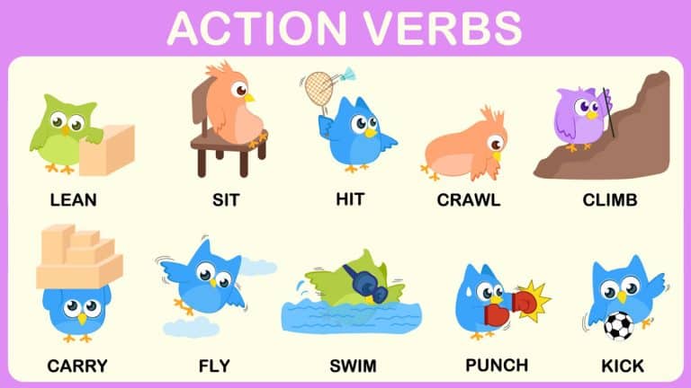 A colorful image displaying various action verbs, perfect for teaching kids about verbs.