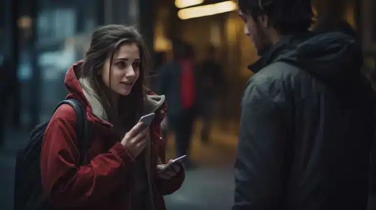 A couple engrossed in their phones while standing on the street