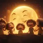 A cartoon moon wearing a funny hat and holding a microphone, telling jokes to a group of laughing kids