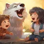 Three wolf cubs playfully howling at the moon, with a caption saying "Wolf Jokes for Kids