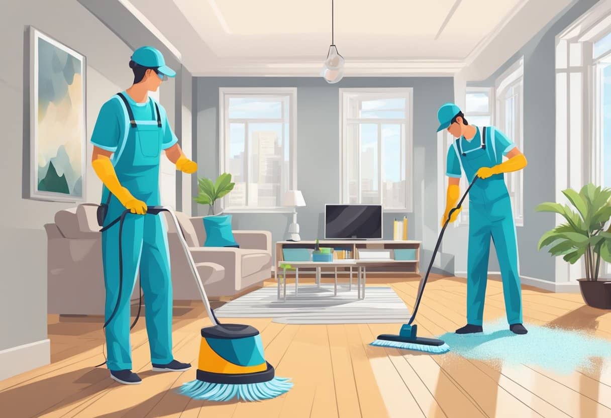 A team of cleaners meticulously scrub and polish every surface in a vacant apartment, ensuring it is spotless for the next tenant