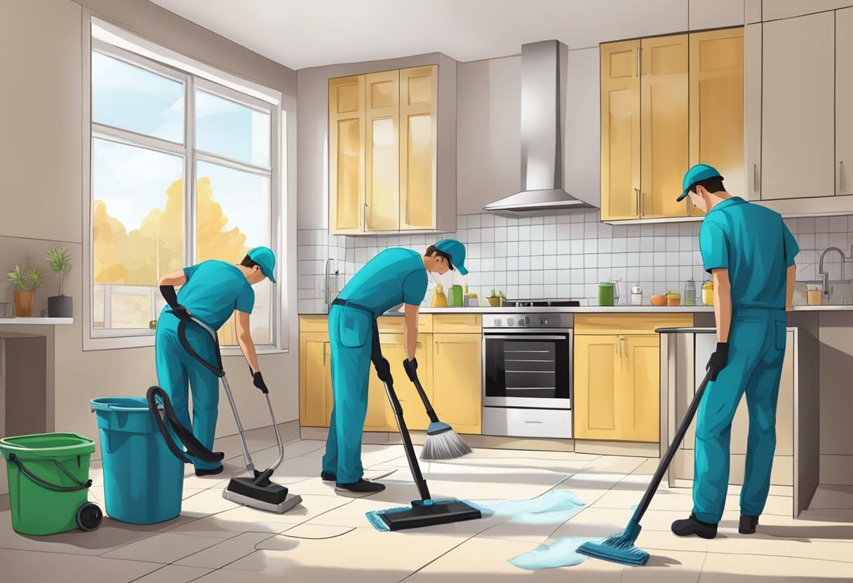 A team of professionals thoroughly clean a vacant apartment, focusing on areas like the kitchen, bathroom, and floors
