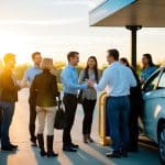 A group of people gather near a carpooling station, exchanging friendly greetings as they prepare to share a ride to work. The sun is rising in the background, casting a warm glow over the scene