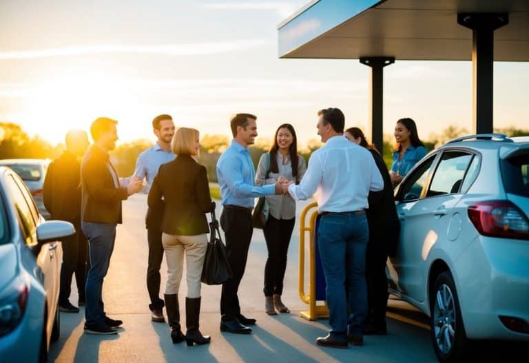 A group of people gather near a carpooling station, exchanging friendly greetings as they prepare to share a ride to work. The sun is rising in the background, casting a warm glow over the scene