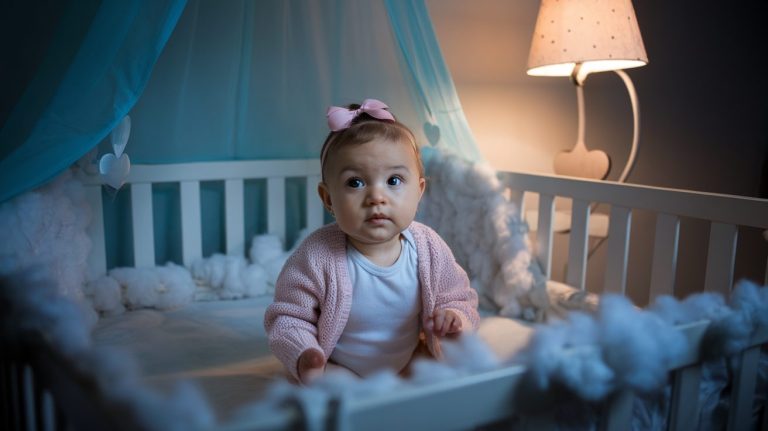 baby sitting up in crib