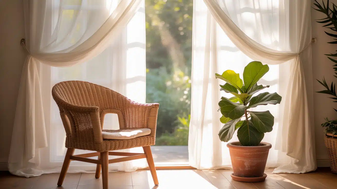 A photograph of a cozy corner inside a sun-drenched summer home. 