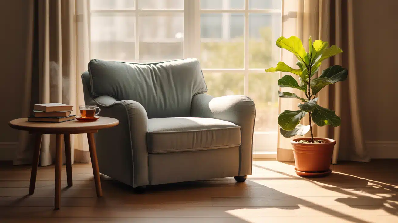 A photograph of a cozy reading nook bathed in warm sunlight streaming through a large window
