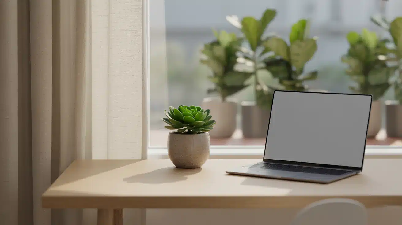 A photograph of a minimalist workspace centered around a light wood desk