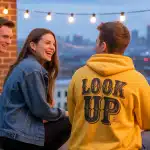 A photograph of three young adults casually sitting on the roofto