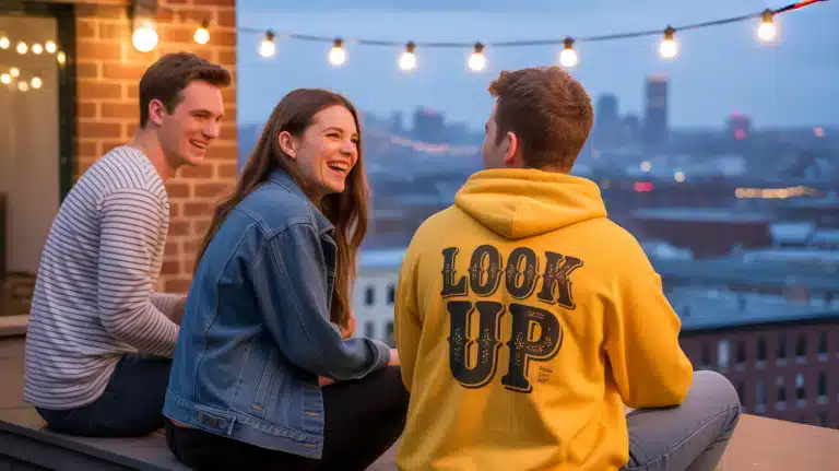 A photograph of three young adults casually sitting on the roofto