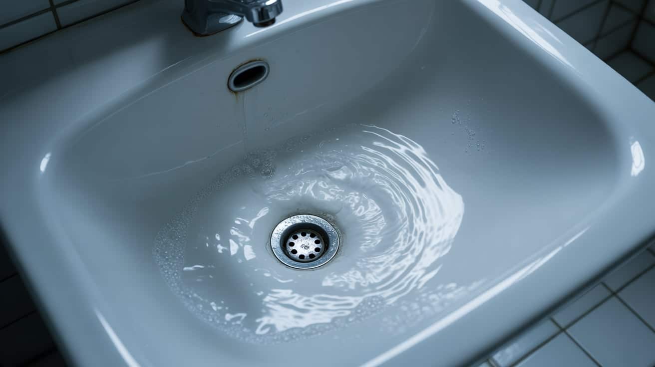 A photograph of a white porcelain bathroom sink with water slowly pooling around a visibly clogged drain.