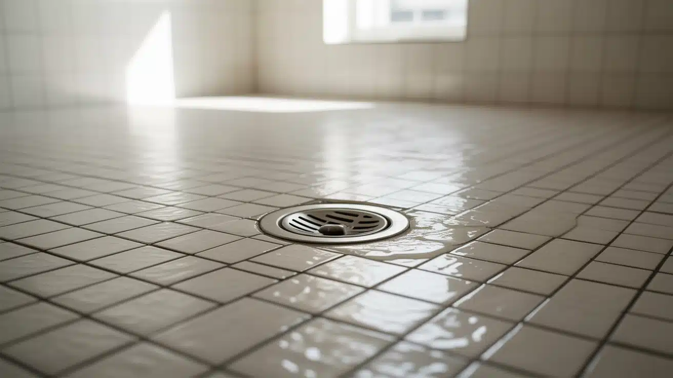 A photograph of a textured, light gray porcelain tile floor centered on a circular stainless steel drain.