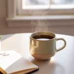A photograph of a steaming ceramic mug sitting on a clean, light-colored wooden table.