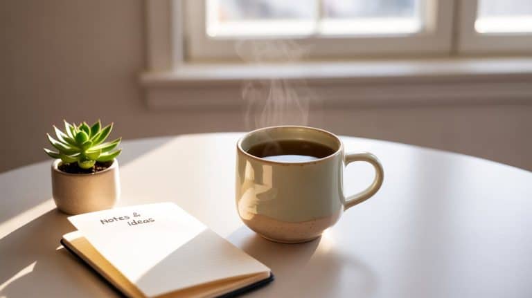 A photograph of a steaming ceramic mug sitting on a clean, light-colored wooden table.