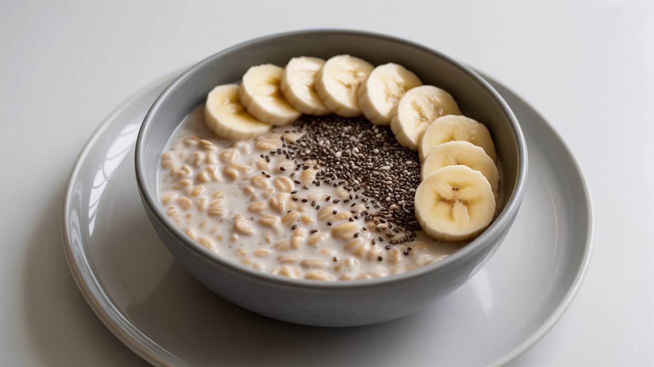 A photograph of a simple breakfast bowl centered on a stark white plate