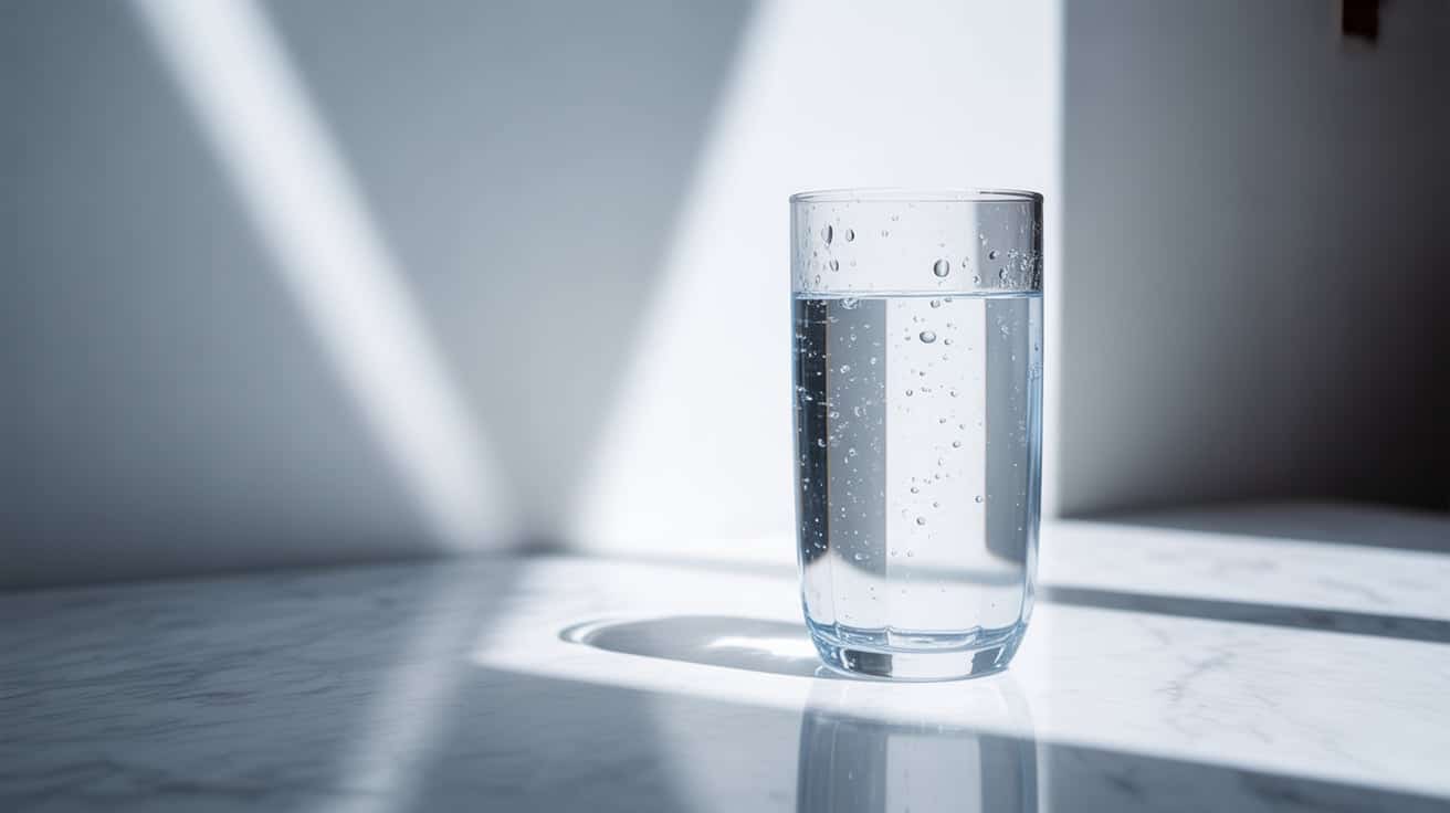 A photograph of a tall, clear glass of water resting on a stark white marble surface