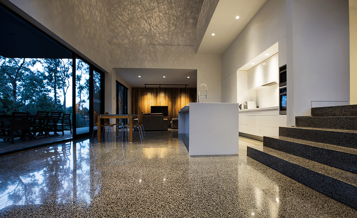 Polished concrete floor resistant to the constraints of everyday life
