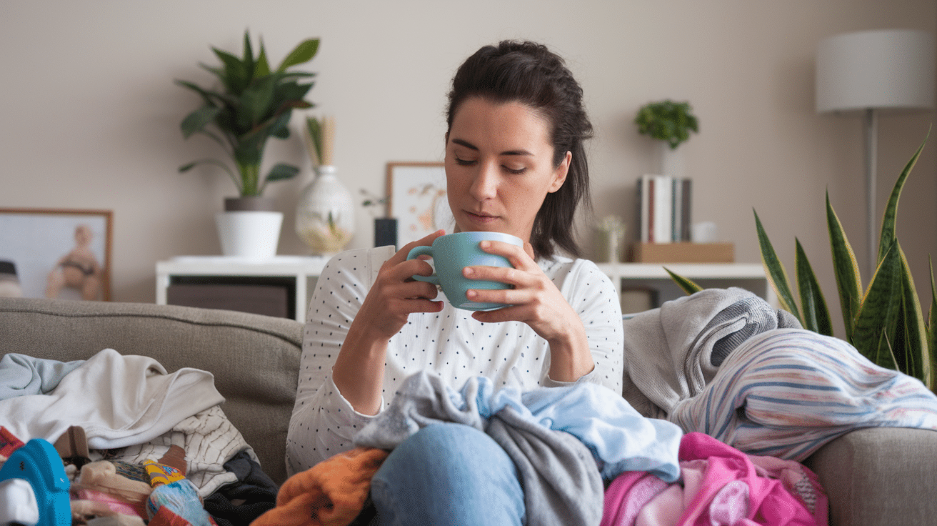 a photo of a mom with a coffee cup sitti
