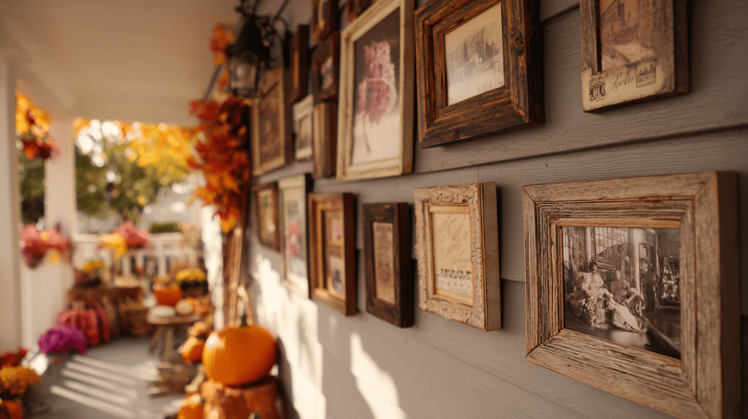 Autumn Themed Picture Frames On Porch Wall
