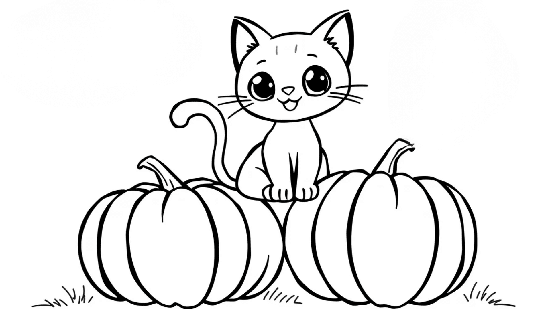 Black cat sitting on pumpkins