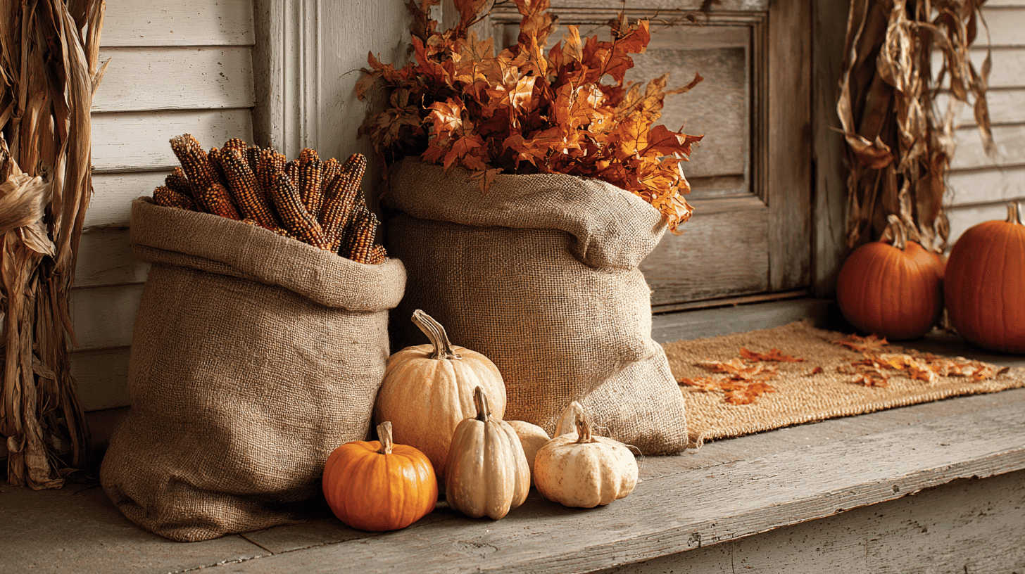 Burlap Sacks With Pumpkins On Porch
