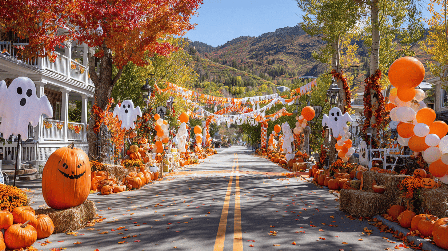 Costume Parade Route With Fall Decorations And Halloween Props