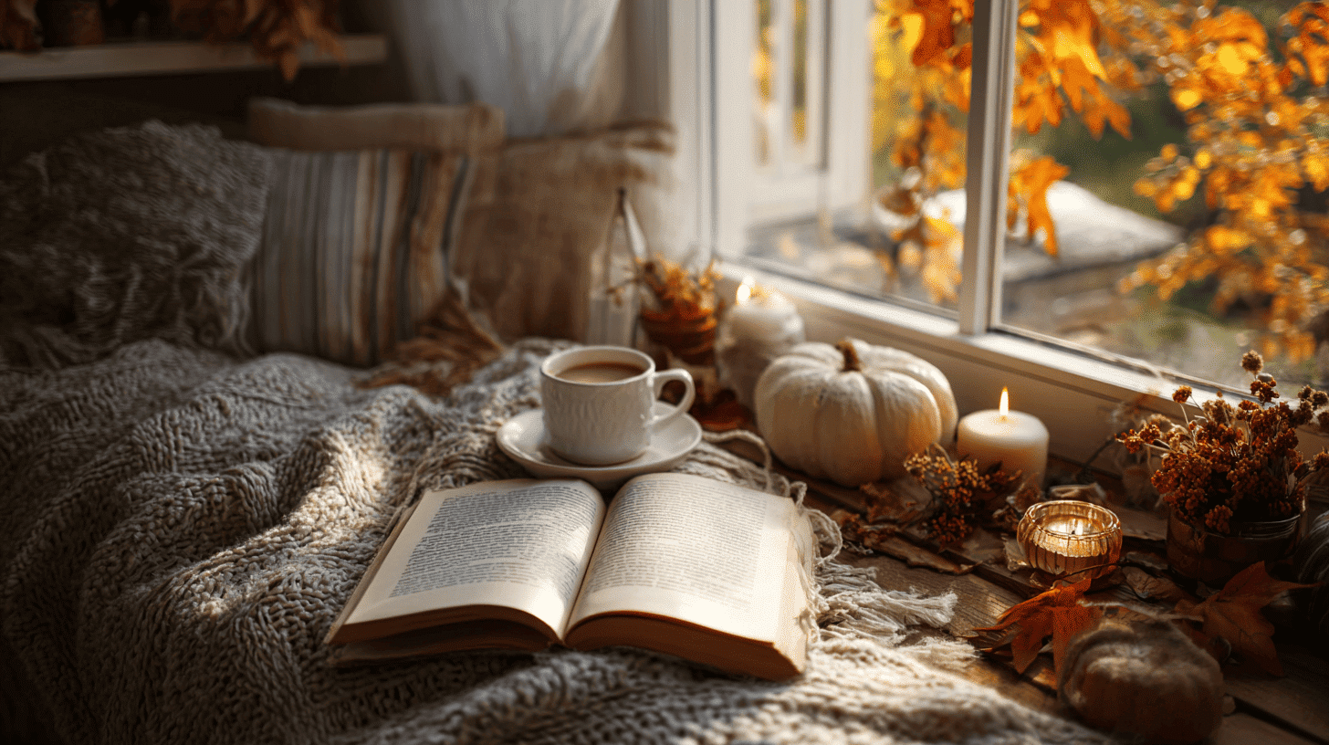 Cozy Autumn Reading Nook With Book And Warm Drink