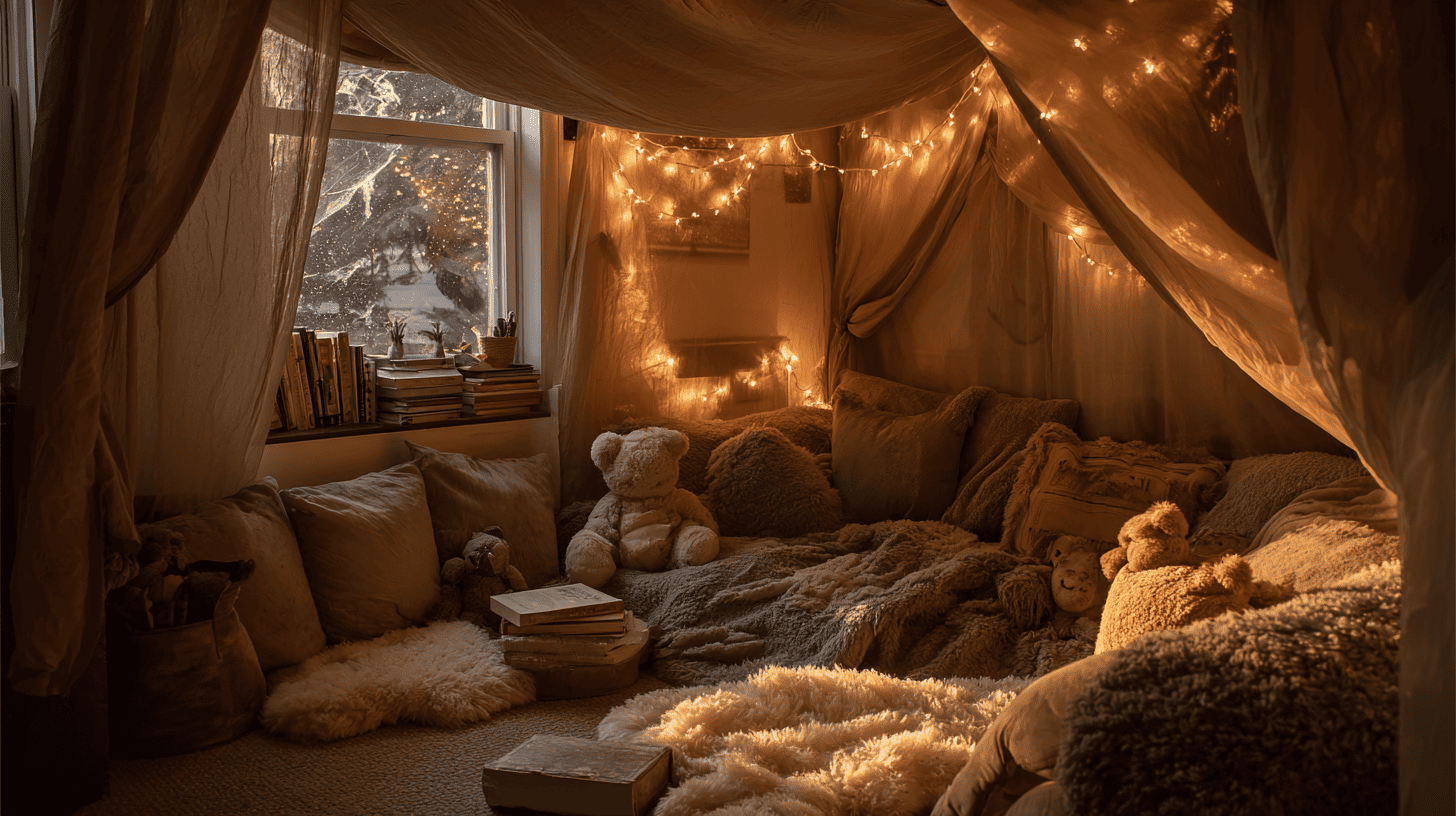 Cozy Indoor Blanket Fort With Pillows And String Lights
