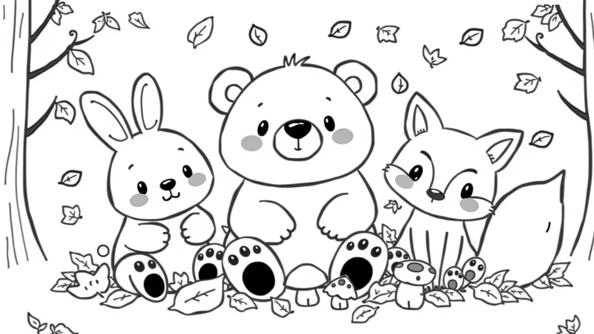 Cute animals playing in leaves (bear, bunny, fox)