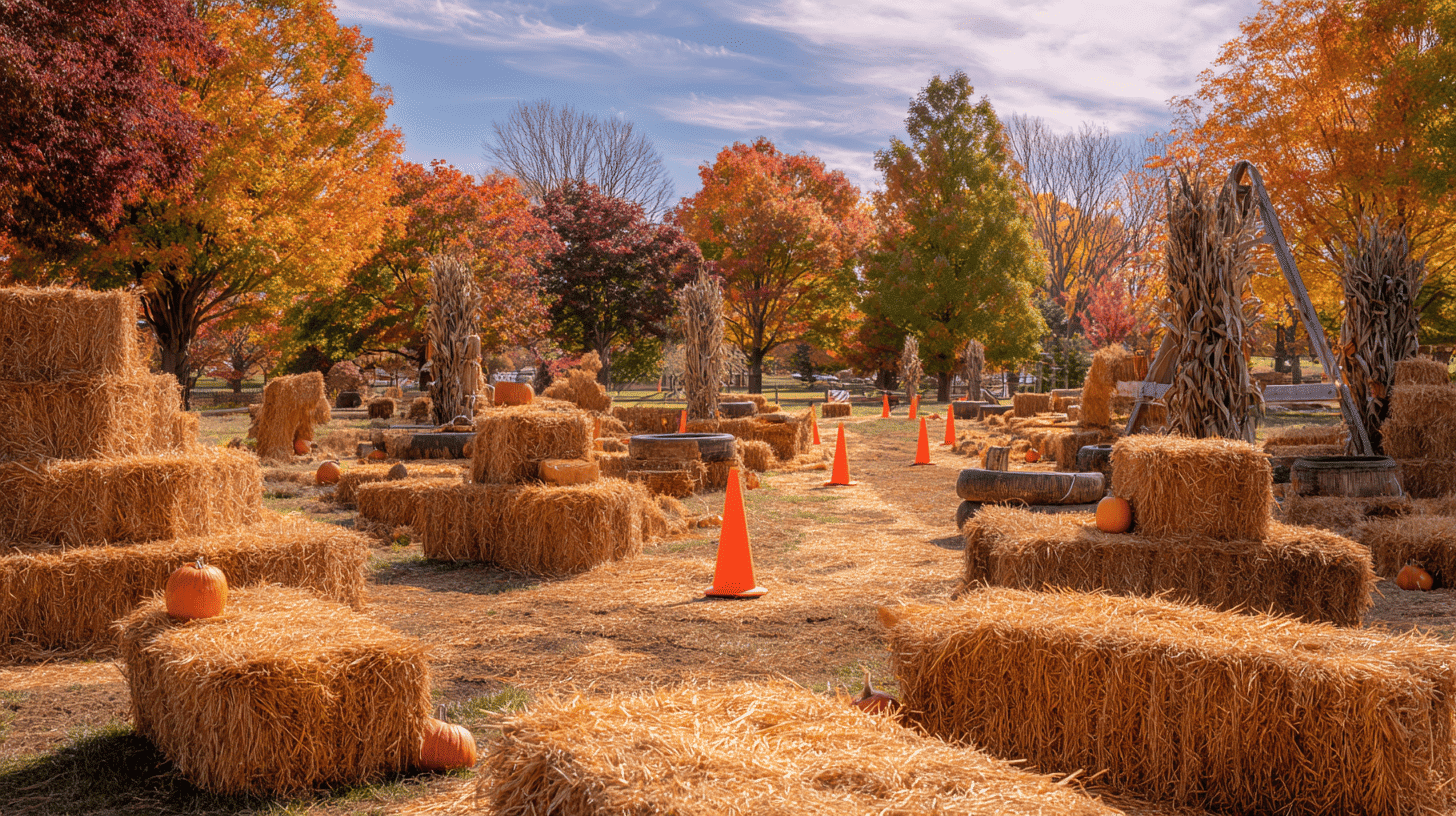 Fall Themed Obstacle Course With Hay Bales And Scarecrows