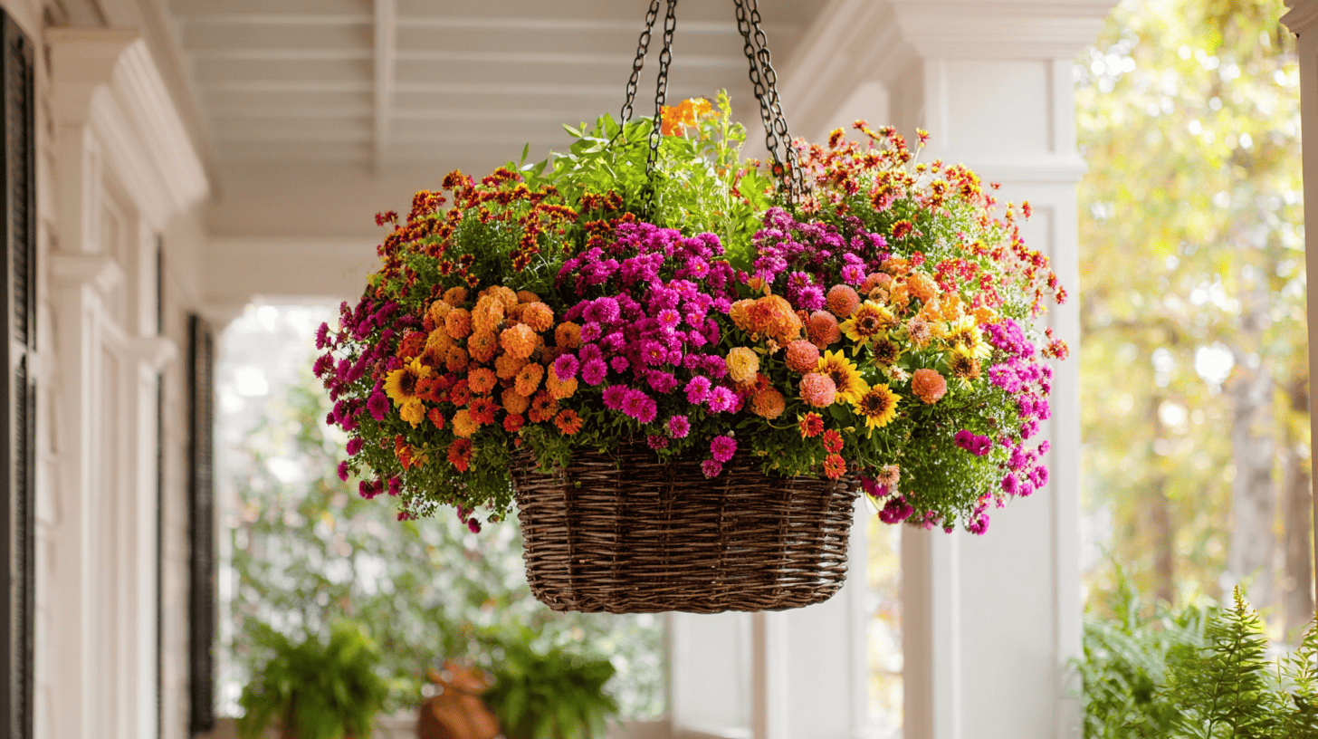 Floral Basket Hanging From Porch Ceiling With Autumn Flowers