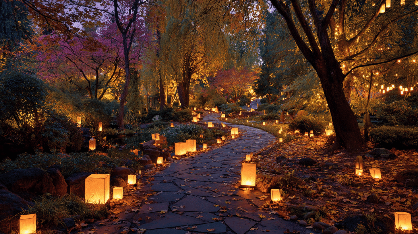 Glowing Fall Lanterns On Garden Path At Dusk